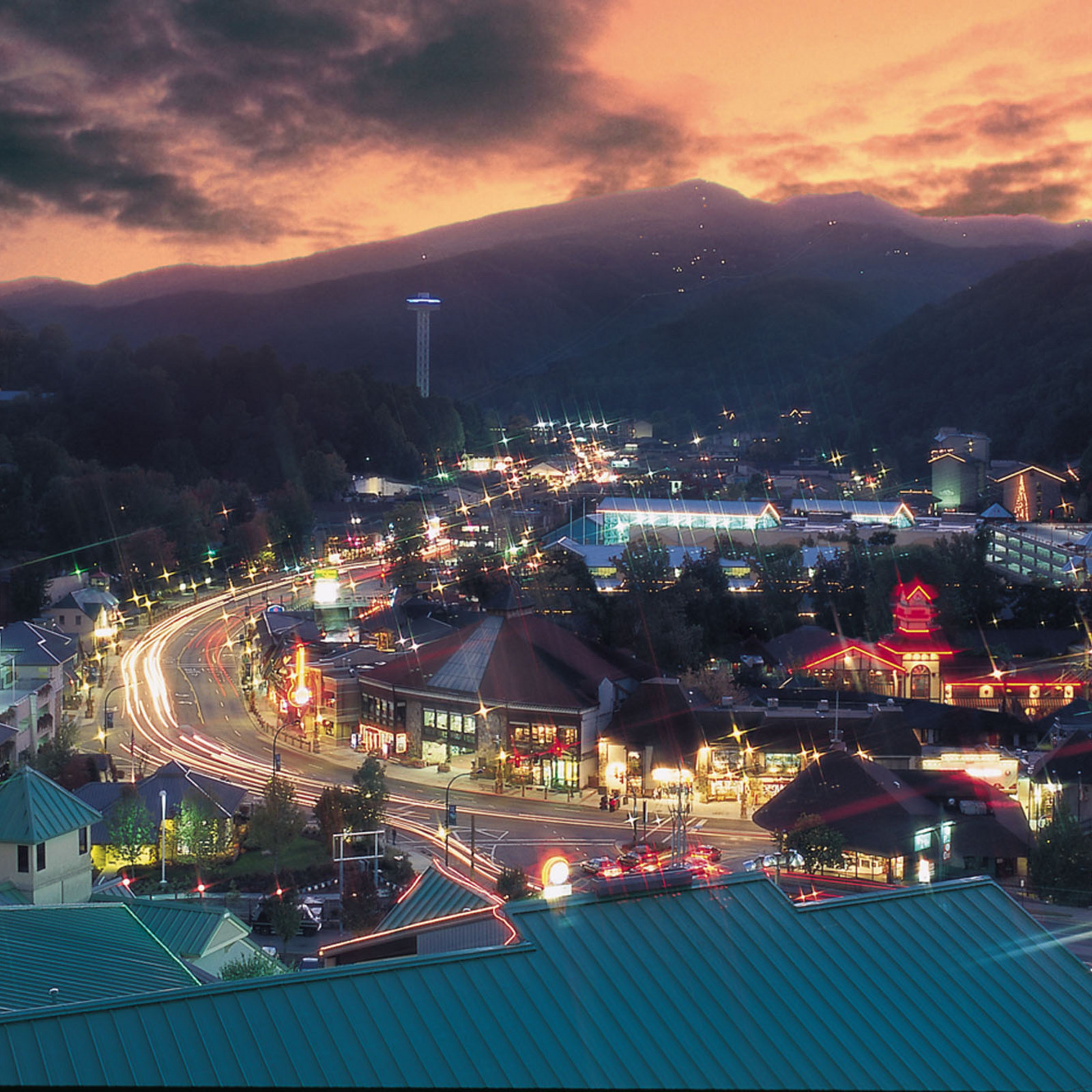 airal view of downtown at night